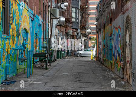 USA, Maine Portland, Wall Art, Pop Art, Alley off Center Street, south of Spring St. Stock Photo