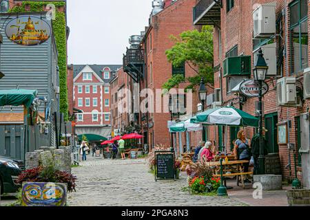 USA; Maine Portland; Commercial Street; businesses on side streets, dining , food, restaurants, Stock Photo