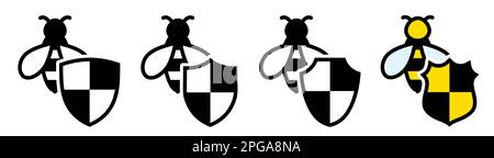 Bee icon behind shield, different versions. Honey bees protection concept Stock Vector