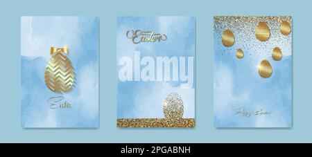 set card Happy Easter gold texture, luxury blue watercolor background. Easter holiday invitations templates collection with hand drawn lettering Stock Vector