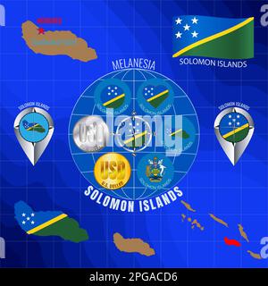 Set of illustrations of flag, outline map, icons of SOLOMON ISLANDS. Travel concept. Stock Photo