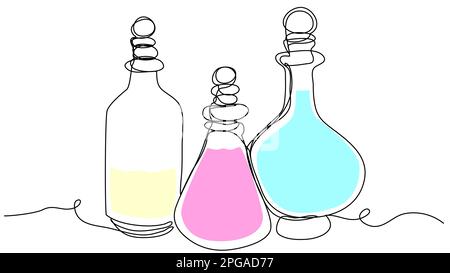 3 rounded bottles with multi-colored liquid in one line on a white background.  Stock Vector