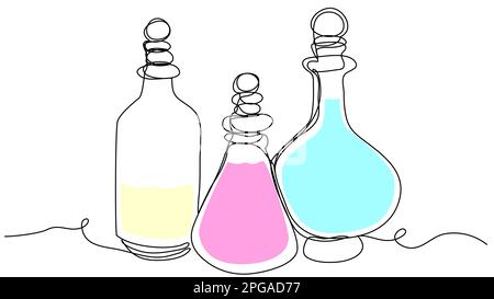 3 rounded bottles with multi-colored liquid in one line on a white background. The concept of vessels with magical liquid. Stock vector illustration w Stock Vector