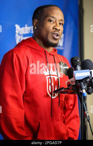 Las Vegas, NV, USA. 21st Mar, 2023. PFL Featherweight Bubba Jenkins speaks to media during the 2023 PFL Regular Season Media Day at Xtreme Couture MMA in Las Vegas, NV. Christopher Trim/CSM/Alamy Live News Stock Photo