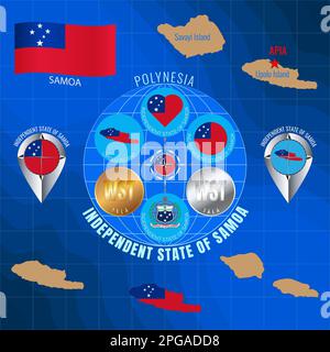 Set of illustrations of flag, outline map, icons of Samoa. Travel concept. Stock Photo