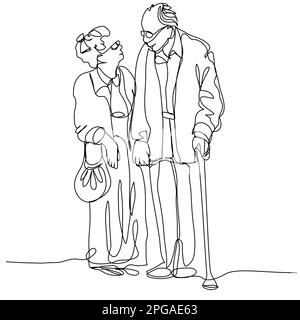 Continuous line drawing. Happy elderly couple hugging and walking ...