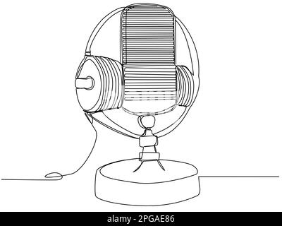 Round studio microphone with headphones in one line on a white background.  Stock Vector