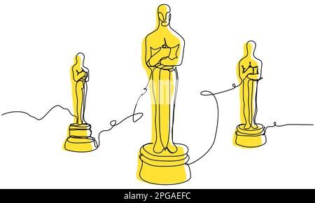 Golden Oscar statuettes in one line on a white background. The concept of awarding at the honorary film award. Vector image Illustrative editorial. Ky Stock Vector