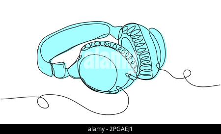Blue big headphones in one line on a white background. Stock Vector