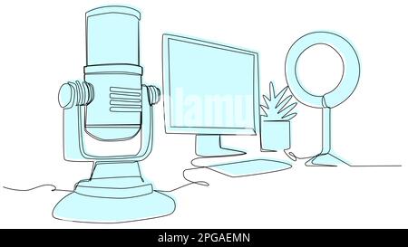 Studio microphone with a computer and a lamp in one line on a white background. Stock Vector