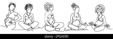 Pregnant women in the Lotus pose of a single line on a white background. Meditating girls in a calm mood. The concept of health and expectation of a c Stock Vector