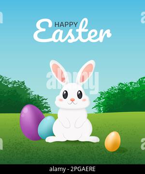 Happy Easter card with cute bunny and eggs. Stock Vector