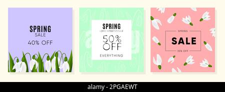 Spring Sale square templates with snowdrops on pink, violet and green Background. Vector EPS10 Stock Vector