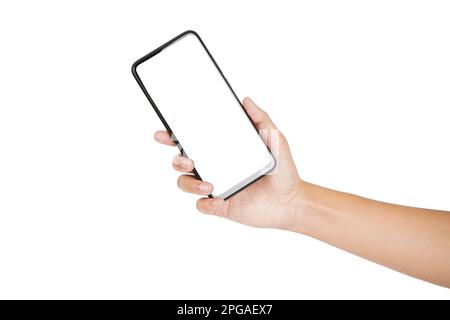 Front view of smartphone in female hand isolated on white background with clipping path Stock Photo