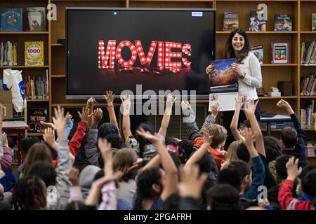 Usa. 13th Mar, 2023. Elementary school students eagerly raise their hands as Diana Trujillo, technical group supervisor for sequence planning and execution and tactical mission lead for the Mars Perseverance rover, speaks to them on March 13, 2023. Born and raised in Colombia, Trujillo immigrated to the U.S. at the age of 17 to pursue her dream of working for NASA. She has held several roles for NASA and JPL, including Mars Curiosity rover mission lead, deputy project system engineer, and deputy team chief of engineering operations on Curiosity. Trujillo has also been active in sharing the e Stock Photo