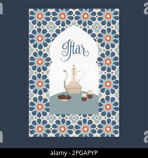 Iftar dinner menu card, invitation. Hand drawn dallah coffee pot, date fruit and Turkish tea. Moroccan star shaped pattern, vector tile background Stock Vector
