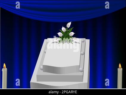 funeral vector illustration. white coffin in a mortuary with a flower arrangement Stock Vector