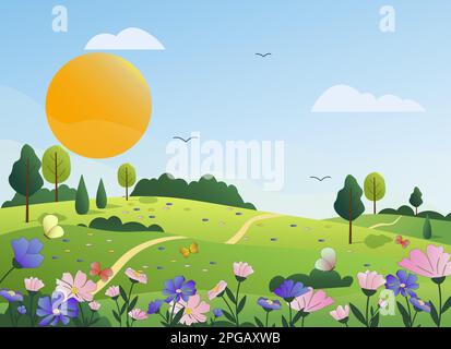Landscape with a rural house and a well in a flower meadow. Blue sky and sun, trees and flowers. Stock Vector