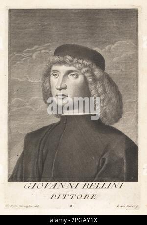 Giovanni Bellini, Italian Renaissance painter, c.1430-1516. Probably the best known of a family of Venetian painters, son of Jacopo Bellini, younger brother of Gentile Bellini. Wearing cap and tunic, long curly hair. Copperplate engraving by Pietro Antonio Pazzi after Giovanni Domenico Campiglia after a self portrait by the artist from Francesco Moucke's Museo Florentino (Museum Florentinum), Serie di Ritratti de Pittori (Series of Portraits of Painters) stamperia Mouckiana, Florence, 1752-62. Stock Photo