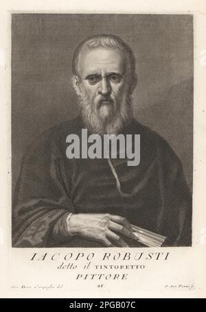 Il Tintoretto or Jacopo Robusti, Italian painter of the Venetian school, 1518-1594. Painter of historical subjects and portraits. Pittore. Copperplate engraving by Pietro Antonio Pazzi after Giovanni Domenico Campiglia after a self portrait by the artist from Francesco Moucke's Museo Florentino (Museum Florentinum), Serie di Ritratti de Pittori (Series of Portraits of Painters) stamperia Mouckiana, Florence, 1752-62. Stock Photo