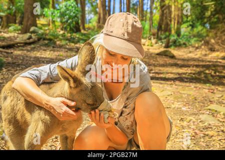 Albino kangaroo hugs a laughing American woman at a Perth wildlife park