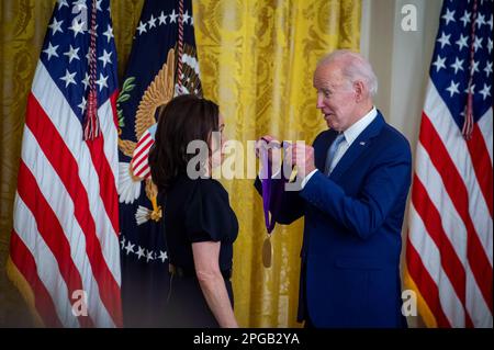 United States President Joe Biden presents the Arts and Humanities Award to actress Julia Louis-Dreyfus, during a ceremony in the East Room of the White House in Washington, DC on Tuesday, March 21, 2023. The National Medal of Arts is the highest award given to artists and arts patrons by the federal government. It is awarded by the president of the United States to individuals or groups who are deserving of special recognition by reason of their outstanding contributions to the excellence, growth, support, and availability of the arts in the United States. Credit: Rod Lamkey/CNP Photo via N