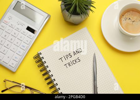 Flat lay composition with phrase Travel Tips written in notebook, cup of coffee, calculator and plant on yellow background Stock Photo