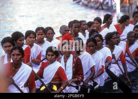 Women participants, Colourful water Boat Race in Kerala, is conducted at Punnamada lake in Alappuzha or Alleppy, Kerala, India, Asia Stock Photo