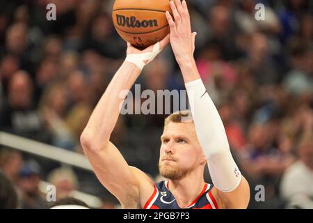 Orlando, Florida, USA, March 21, 2023, Washington Wizards center Kristaps Porzingis #6 attempt to score in the second half at the Amway Center. (Photo Credit: Marty Jean-Louis/Alamy Live News Stock Photo