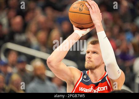 Orlando, Florida, USA, March 21, 2023, Washington Wizards center Kristaps Porzingis #6 attempt to score in the second half at the Amway Center. (Photo Credit: Marty Jean-Louis/Alamy Live News Stock Photo