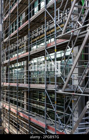 Scaffolding on the new construction of a high-rise building at Warschauer Bruecke in Berlin, Germany Stock Photo