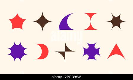 Y2K design element set. Retro futuristic symbols and objects. Collection of primitives in Swiss and bauhaus style. Pack of shapes, stars, sparkles, stickers. Vector background illustration Stock Vector