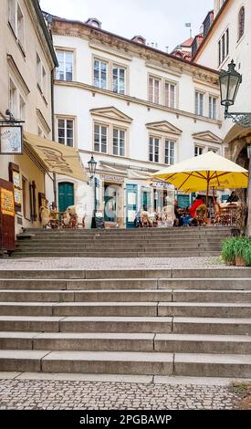 Prague, Czech Republic - February 23, 2023: View of Mala Strana wich is a part of the city of Prague with plenty of restaurants and bars to enjoy. Stock Photo