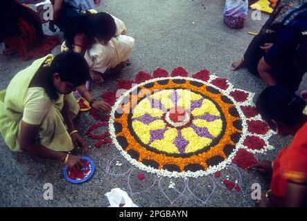 Floral decoration during Onam festival, Kerala, South India, India ...