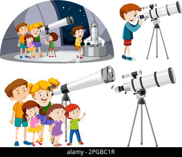 Playful Children Using Telescopes Vector Collection illustration Stock Vector