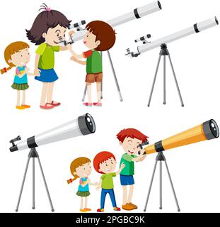 Playful Children Using Telescopes Vector Collection illustration Stock Vector