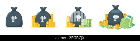 Philippine Peso Money Bag Icon Set Stock Vector