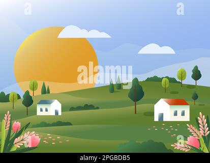Landscape with rural houses in a flower field. Country life illustration. Blue sky and sun, trees and flowers. Stock Vector