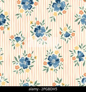 Delicate Chintz Romantic Meadow Wild Flowers and Stripes Vector Seamless Pattern Stock Vector