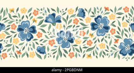 Delicate Chintz Romantic Meadow Wild Flowers Horizontal Vector Seamless Pattern Border Stock Vector