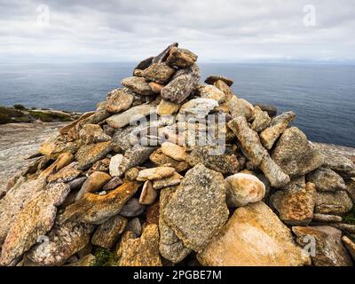 Terminal Cairn on Bald Head above a relentless Southern Ocean,, Torndirrup National Park, Albany, Western Australia, Australia Stock Photo