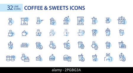 32 coffee, sweets and coffee shop equipment icons. Pixel perfect, editable stroke design Stock Vector