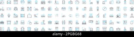 Modern urban city vector line icons set. Urban, Modern, City, Skyscrapers, Metropolis, Subway, Crowds illustration outline concept symbols and signs Stock Vector