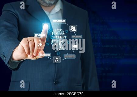 Artificial Intelligence in Bot Chat. Businessman using Ai chatbot in his smartphone. Stock Photo