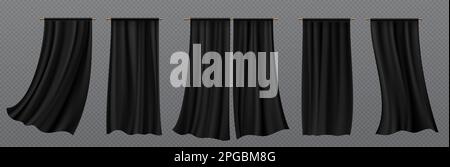 Black silk curtains for window isolated on transparent background. Theater stage fabric drapery fluttering on wind. Hanging soft cloth, curtains, vector realistic set Stock Vector