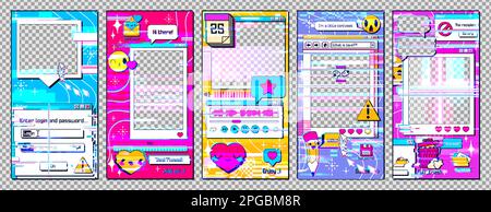 Set of retro gadget system error windows. Vector illustration of distorted 90s style vertical software windows for mobile app, error warning, loading progress bug, login glitch, emoji and folder icons Stock Vector