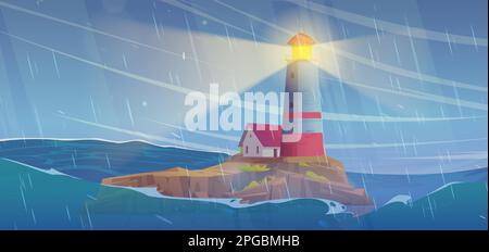 Lighthouse on cliff island in storm sea vector illustration. Cartoon wind and rain in ocean with big wave and lightning signal from beacon. Stormy cyclone and foam waves nautical game background Stock Vector