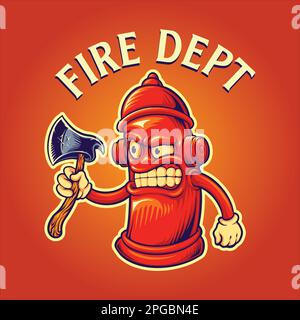 Scary angry hydrant fire dept axe logo cartoon illustrations vector for your work logo, merchandise t-shirt, stickers and label designs, poster Stock Vector