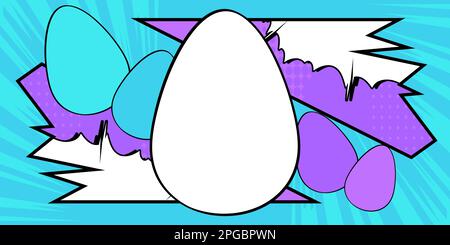 Comic book Easter banner with blank Egg on blue and violet background ...