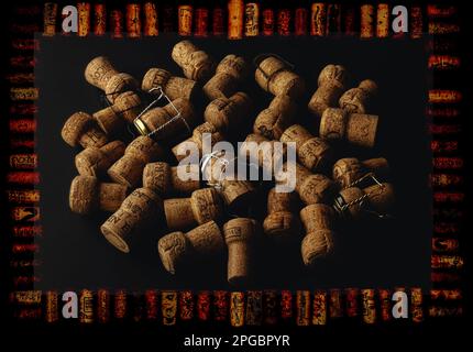 Sibiu city, Romania - April 06, 2020. Cork frame concept made from Old Used corks plugs from different wine producing countries with corks plugs from Stock Photo